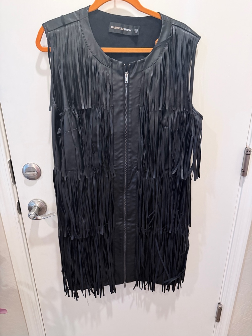 New York & Co Black Fringe Leather Mini Dress- Gabrielle Union